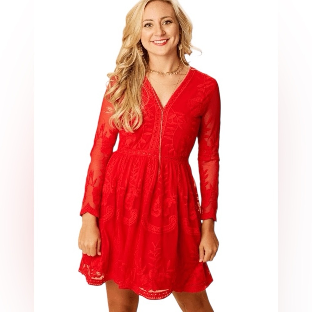ALTAR’D STATE LAVESTA red lace sleek fit women’s dress above knee size SMALL EUC - Picture 2 of 14